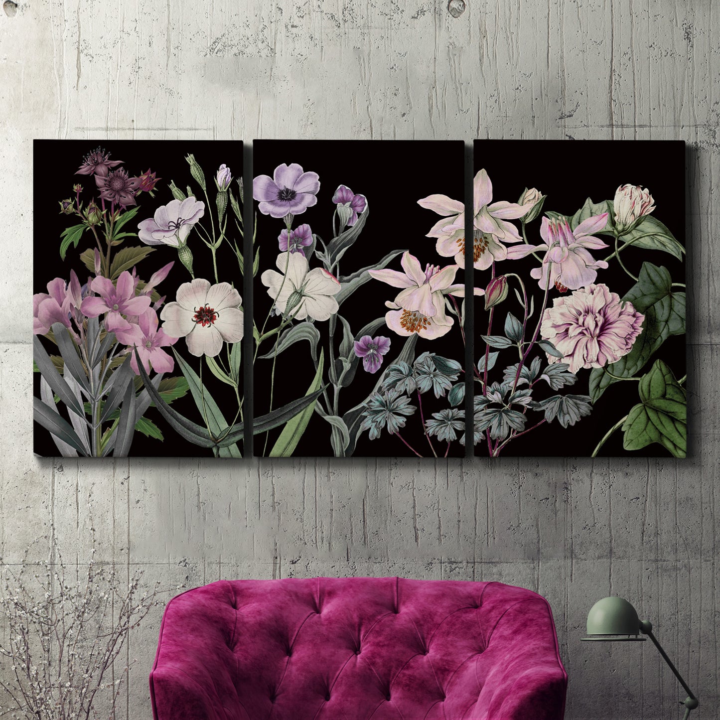 Three-panel canvas wall art featuring early spring blossoms in soft tones, displayed in a living room above a suede accent chair.