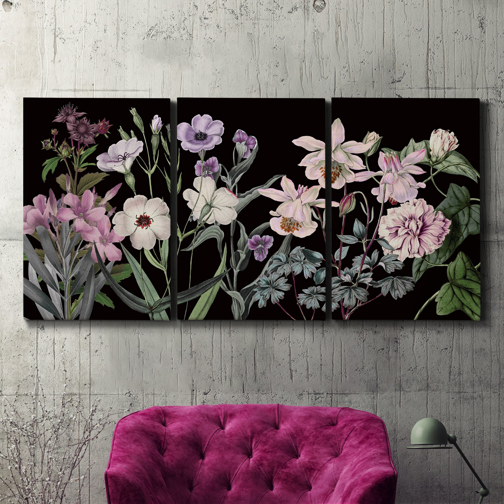 Three-panel canvas wall art featuring early spring blossoms in soft tones, displayed in a living room above a suede accent chair.