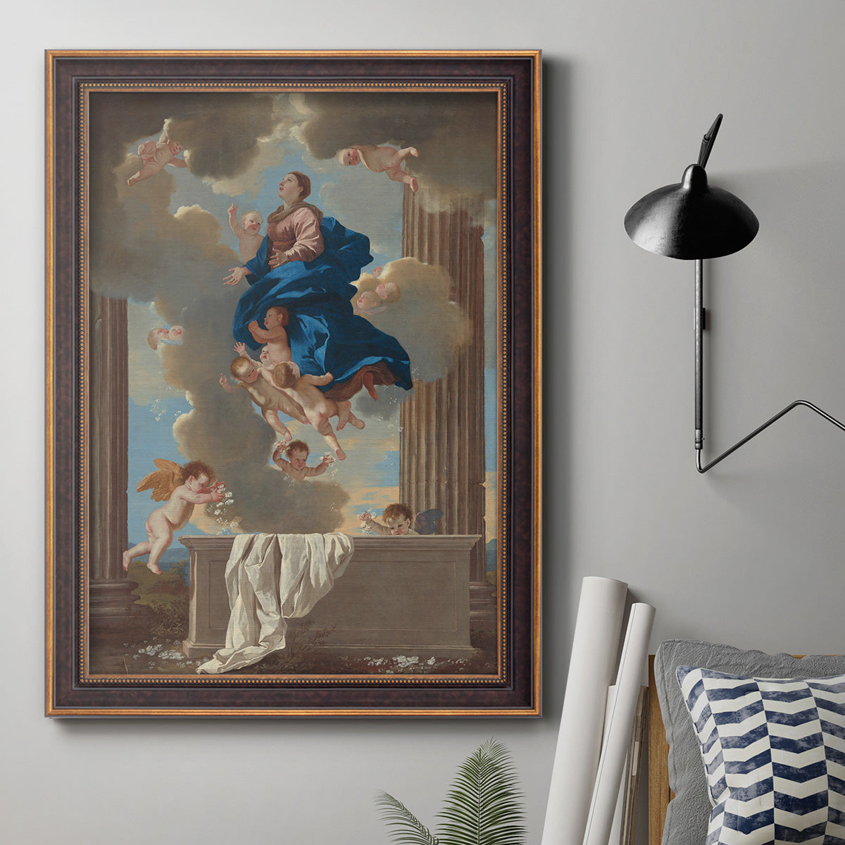 Classical religious depiction of the Assumption of the Virgin by Nicolas Poussin in an ornate bronzed mahogany wood frame displayed in a neutral interior setting.