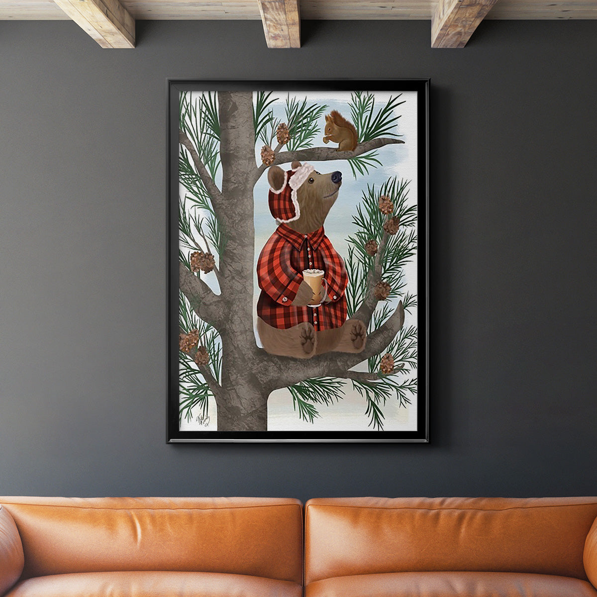 Lumberjack Bear Pine Tree Coffee Break - Modern Framed Canvas Print