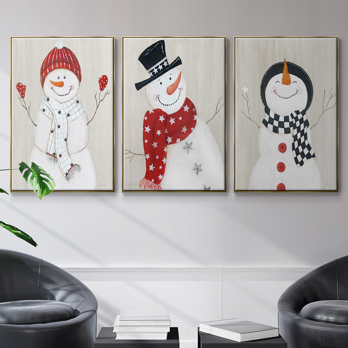 Snowman - Framed Premium Gallery Wrapped Canvas L Frame 3 Piece Set - Ready to Hang