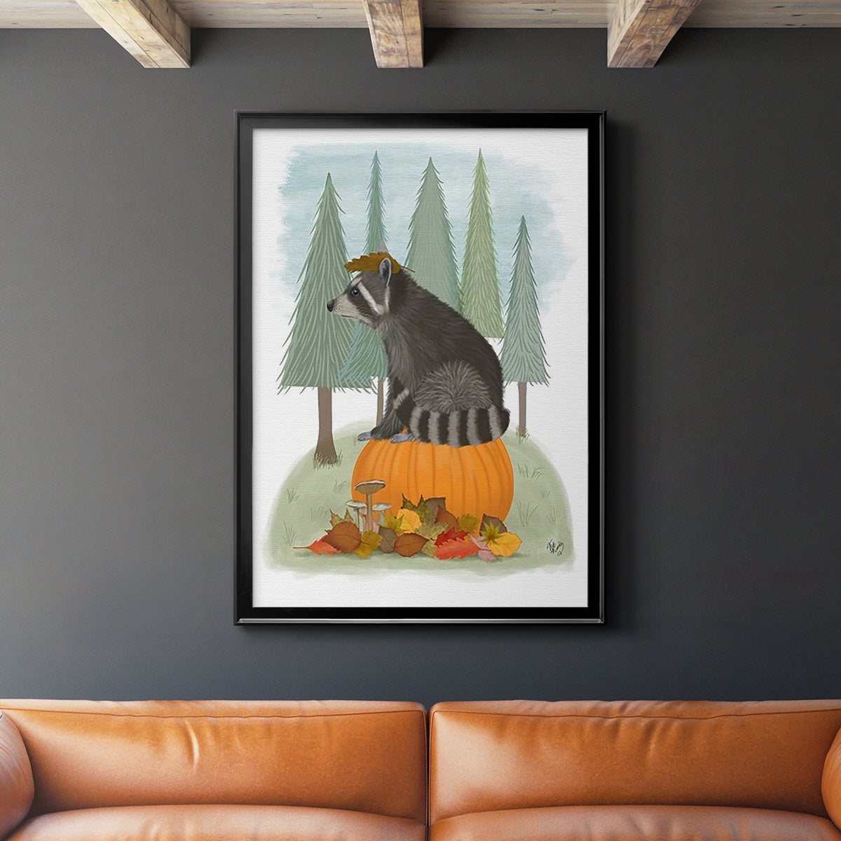 Raccoon On Pumpkin - Modern Framed Canvas Print