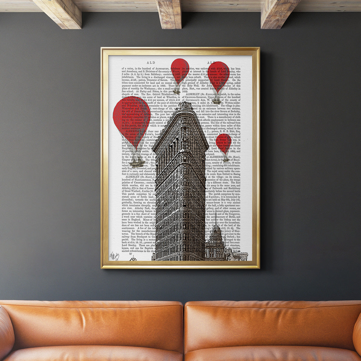 Flat Iron Building and Red Hot Air Balloons - Modern Framed Canvas Print