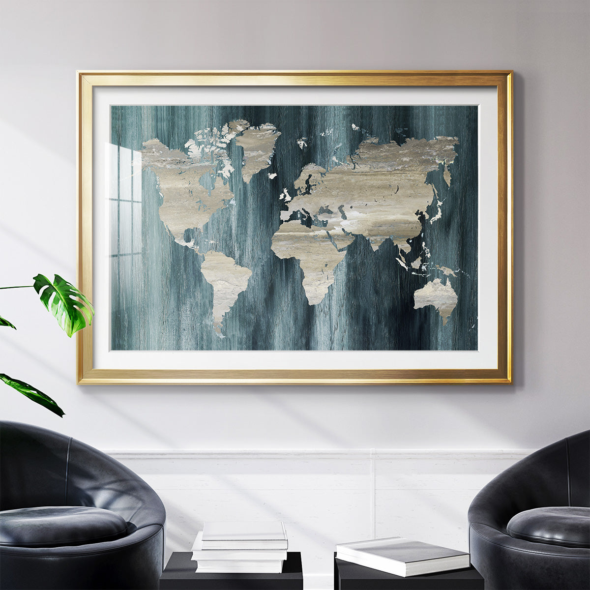 Navy World Map - Modern Framed Art Print