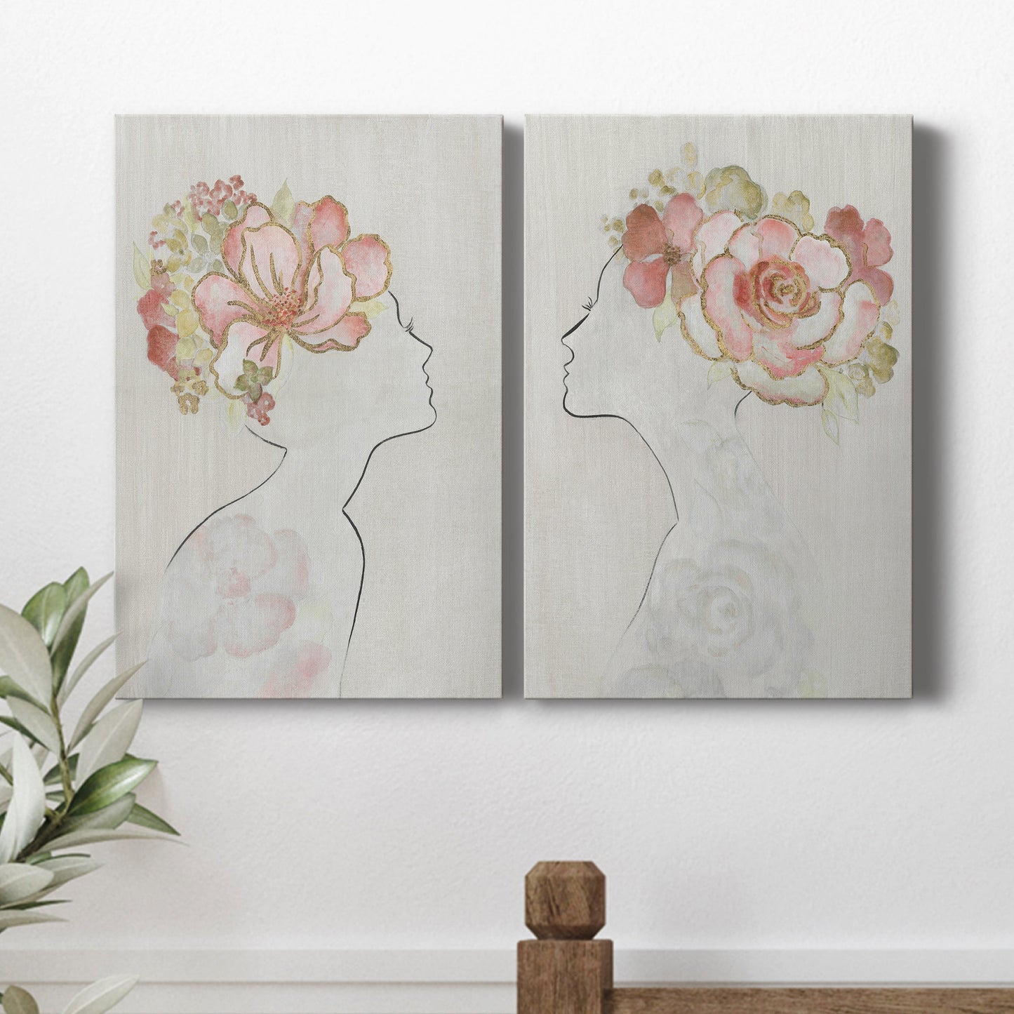 Fashion Floral Silhouette I Premium Gallery Wrapped Canvas - Ready to Hang - Set of 2 - 8 x 12 Each