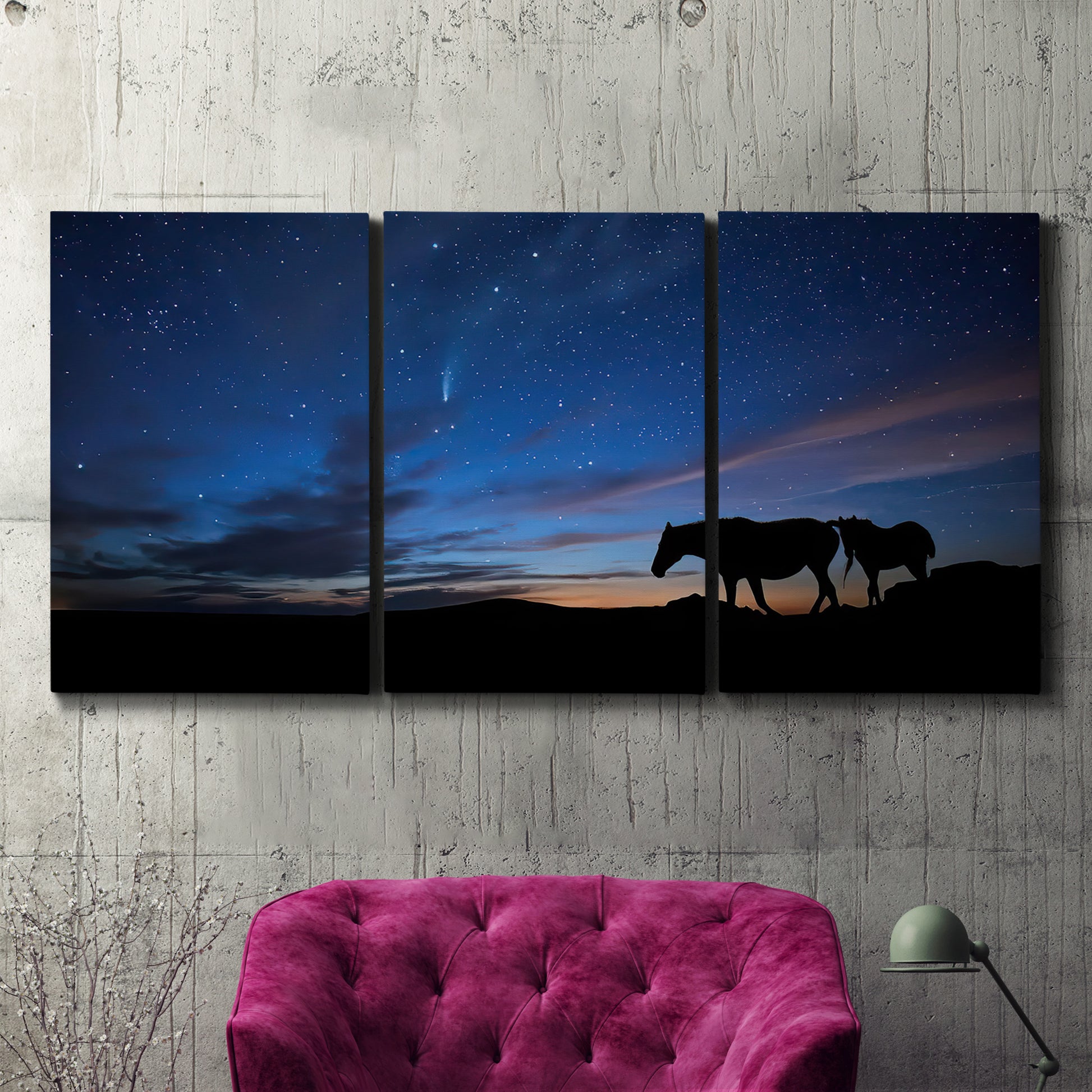 Three-panel canvas wall art featuring resting animals in open field, displayed in a living room above a suede accent chair.