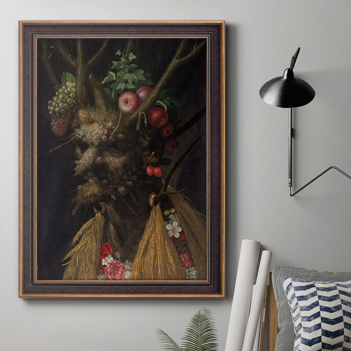 Surreal allegorical portrait representing the four seasons by Giuseppe Arcimboldo in an ornate bronzed mahogany wood frame displayed in a neutral interior setting.