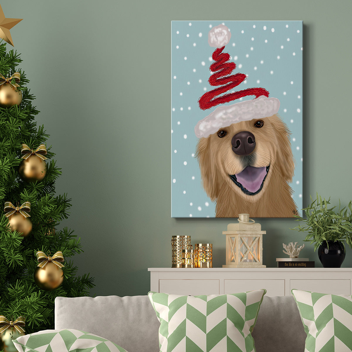 Christmas Golden Retriever and Spring Santa Hat - Gallery Wrapped Canvas