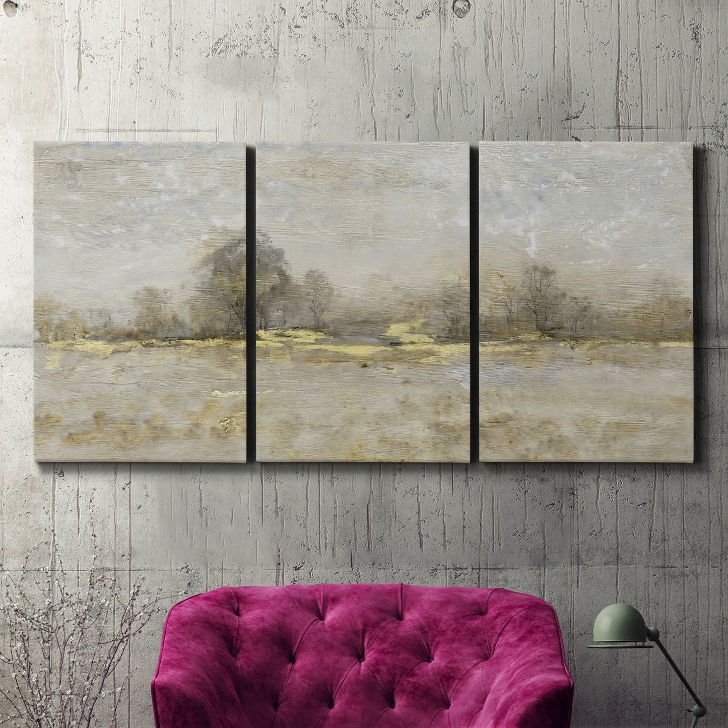Three-panel canvas wall art featuring late season rural harvest fields, displayed in a living room above a suede accent chair.