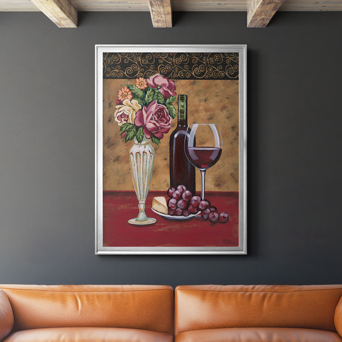 Vintage Flowers and Wine I - Modern Framed Canvas Print