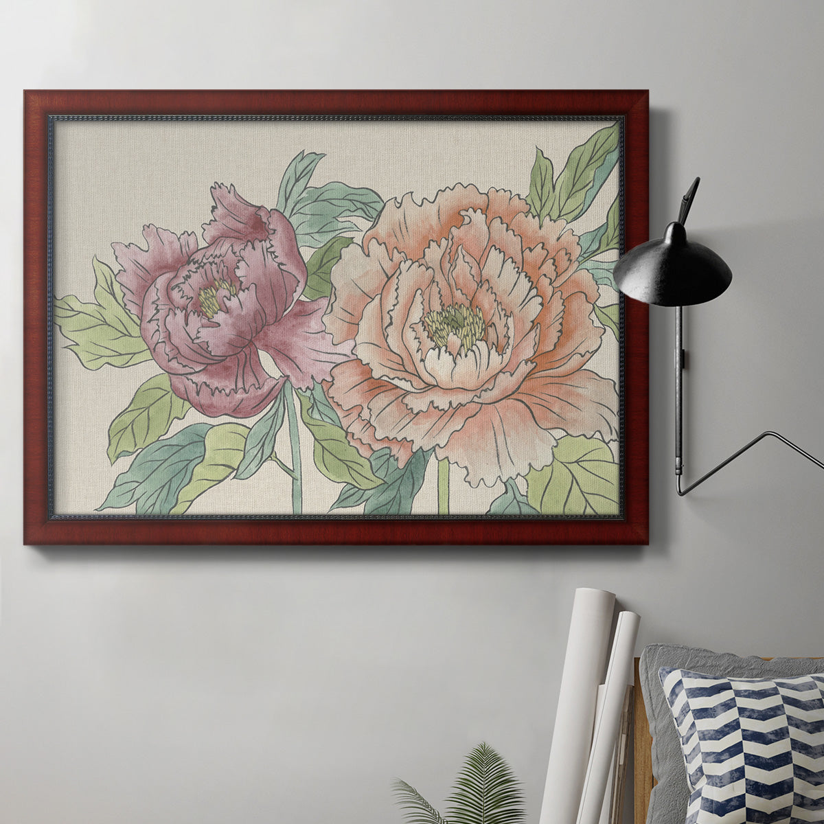 Modern peony floral drawing in an ornate cherry burl wood frame displayed in a neutral interior setting.