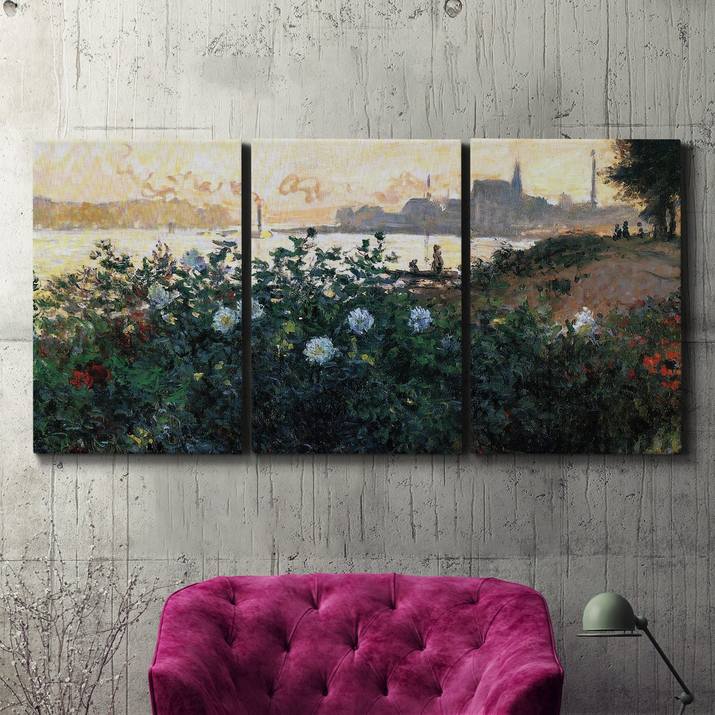 Three-panel canvas wall art featuring formal garden near museum grounds, displayed in a living room above a suede accent chair.