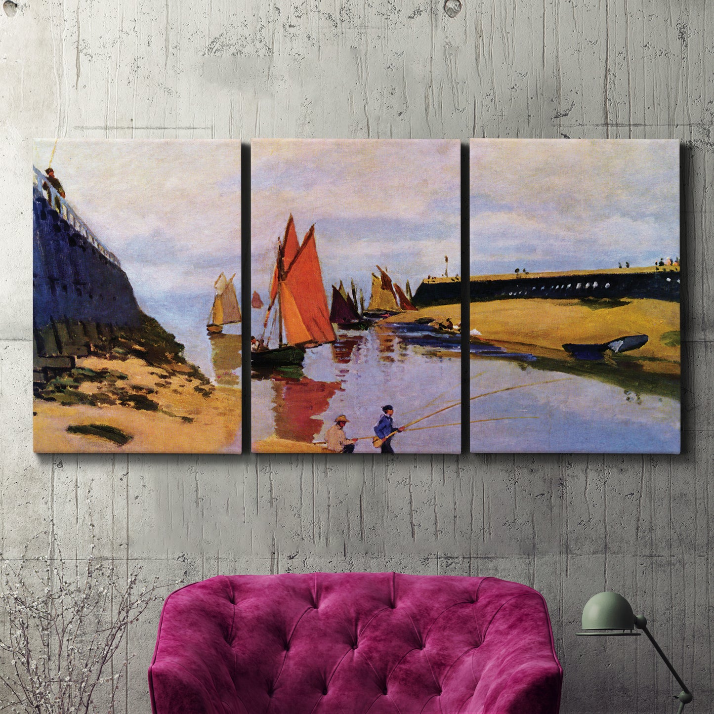 Three-panel canvas wall art featuring stone breakwater at low tide, displayed in a living room above a suede accent chair.
