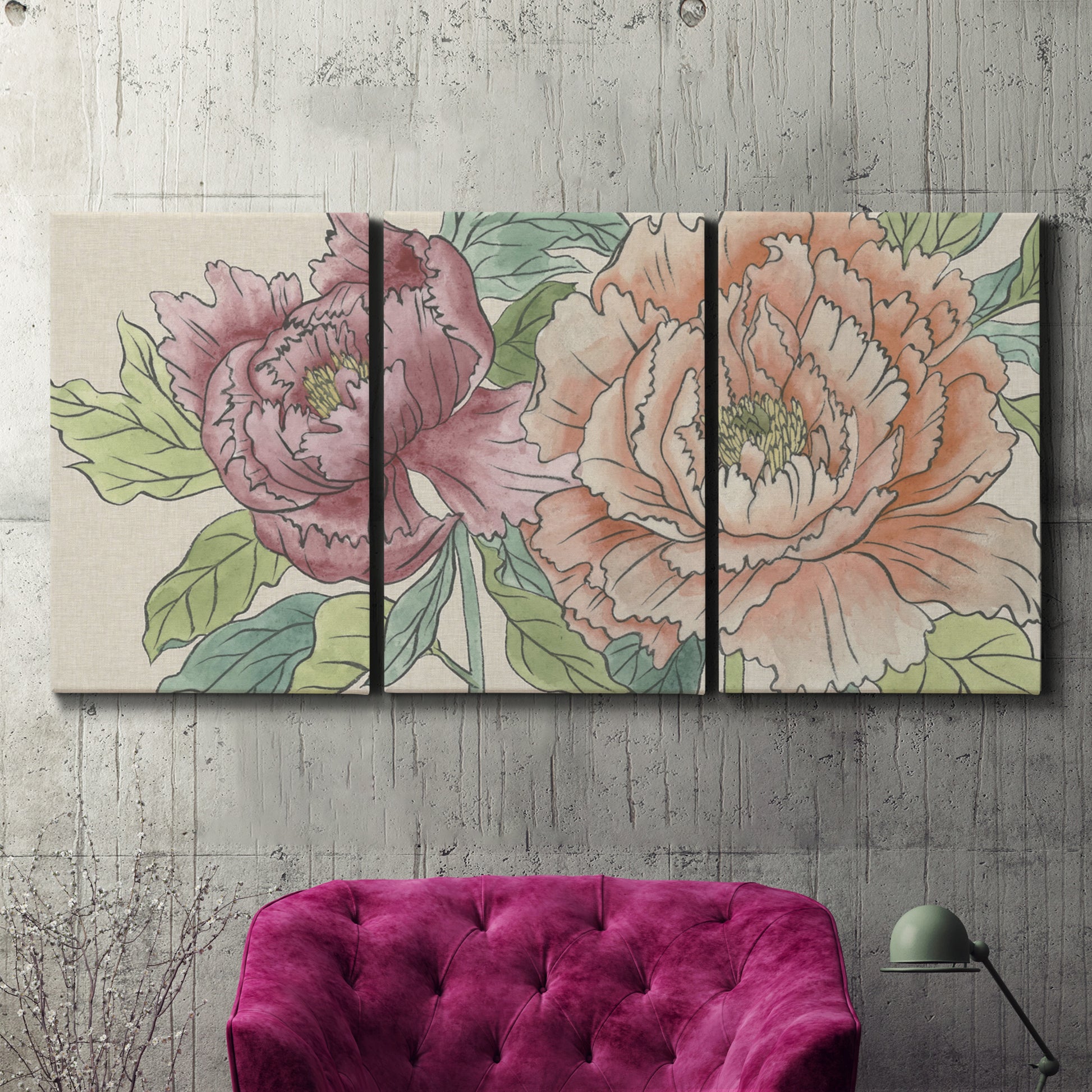 Three-panel canvas wall art featuring pastel peony flower composition, displayed in a living room above a suede accent chair.