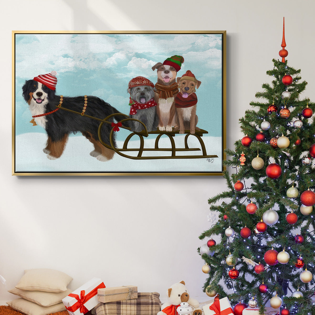 Christmas Mutt Sled - Floater Framed Canvas Print