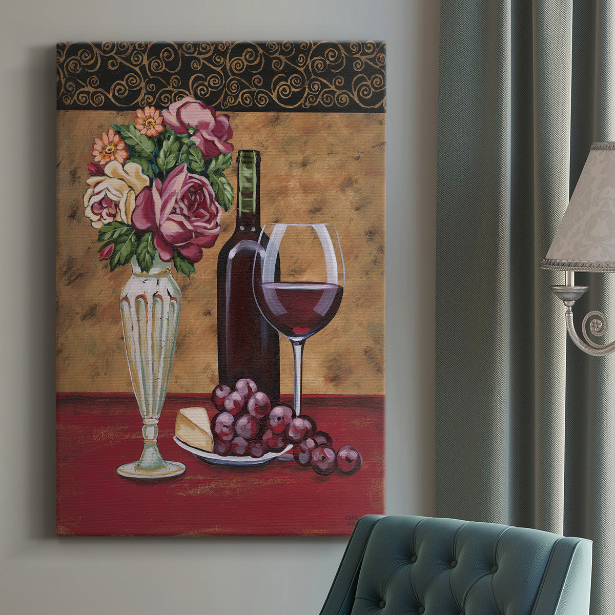 Vintage Flowers and Wine I Premium Gallery Wrapped Canvas - Ready to Hang