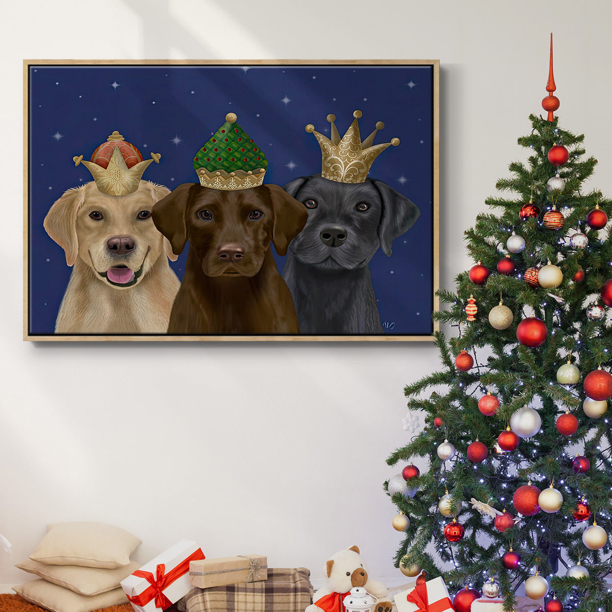 Christmas Labradors, Three Kings - Floater Framed Canvas Print