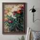 Impressionist garden floral painting by Gustave Caillebotte in an ornate bronzed mahogany wood frame displayed in a neutral interior setting.