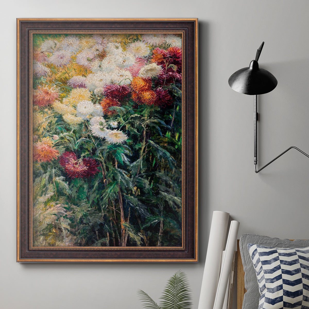 Impressionist garden floral painting by Gustave Caillebotte in an ornate bronzed mahogany wood frame displayed in a neutral interior setting.