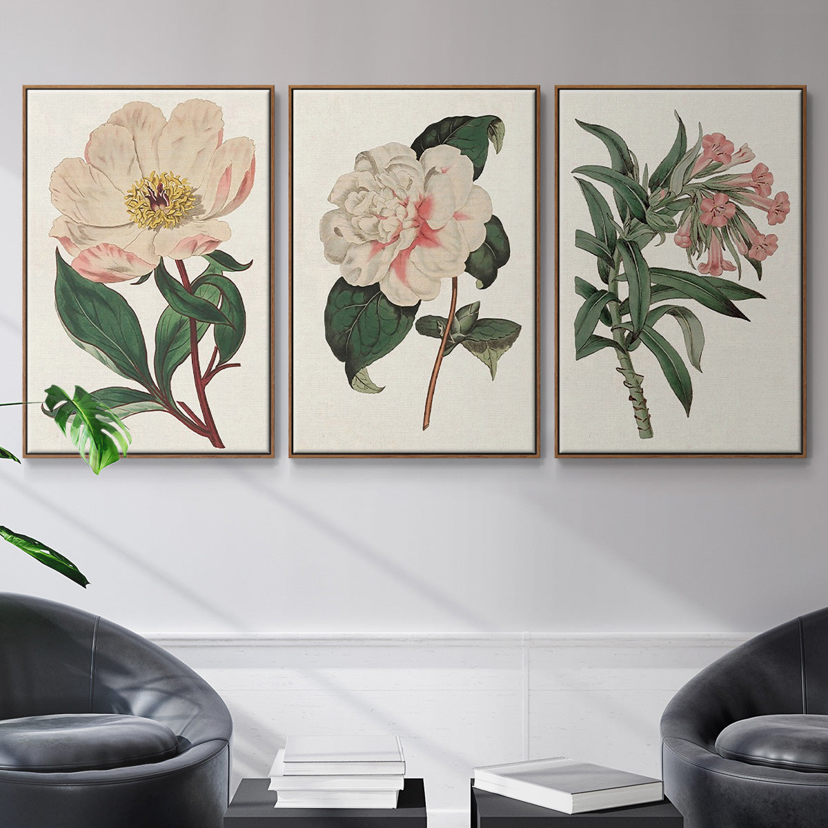 Pink Floral Mix VI - Framed Premium Gallery Wrapped Canvas L Frame 3 Piece Set - Ready to Hang