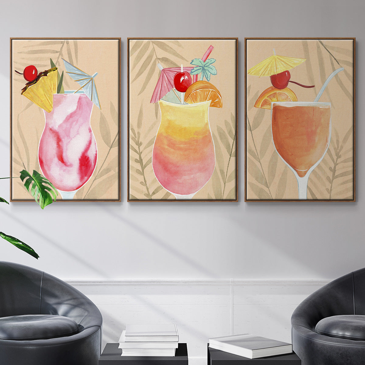 Tropical Cocktail I - Framed Premium Gallery Wrapped Canvas L Frame 3 Piece Set - Ready to Hang