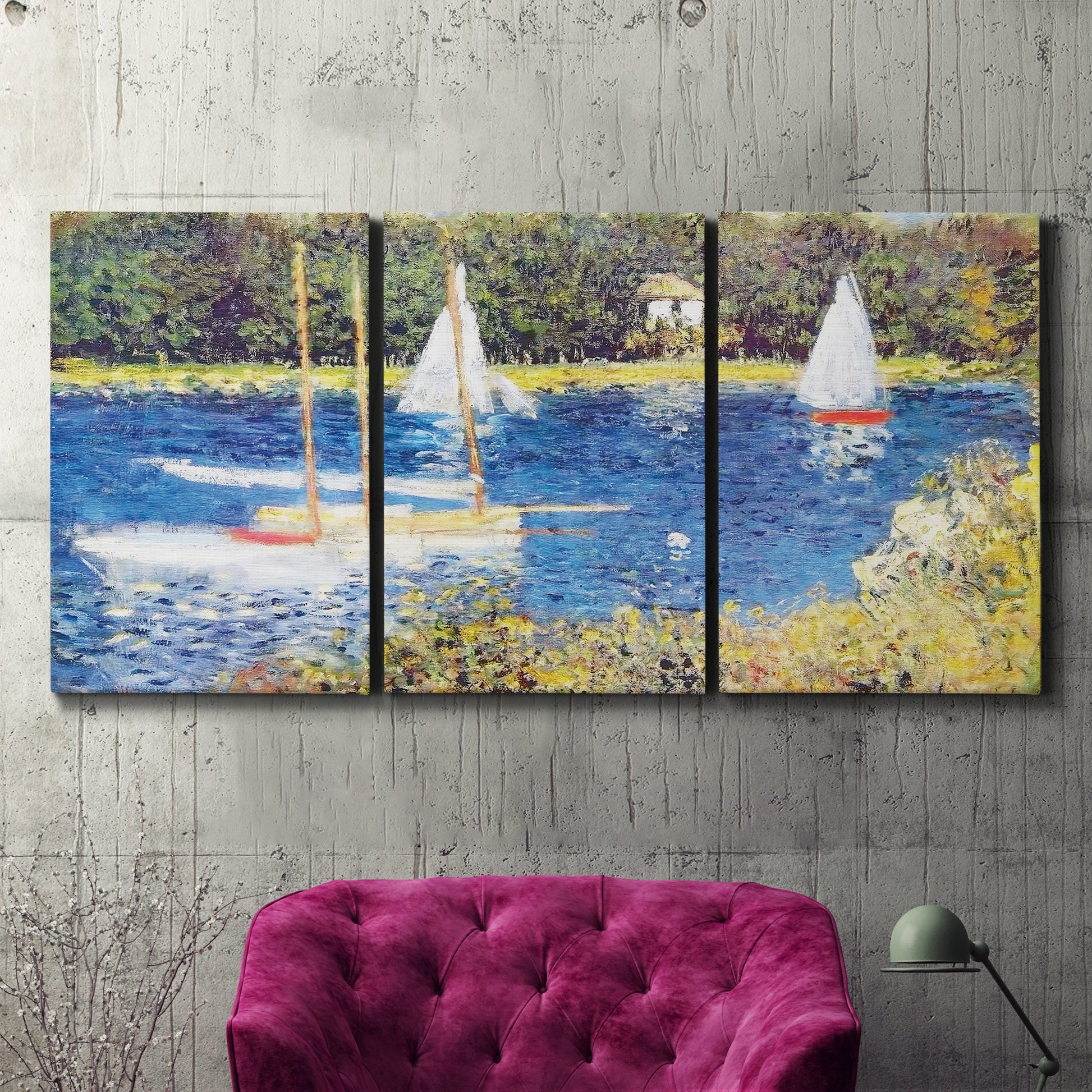 Three-panel canvas wall art featuring river scene with reflections, displayed in a living room above a suede accent chair.