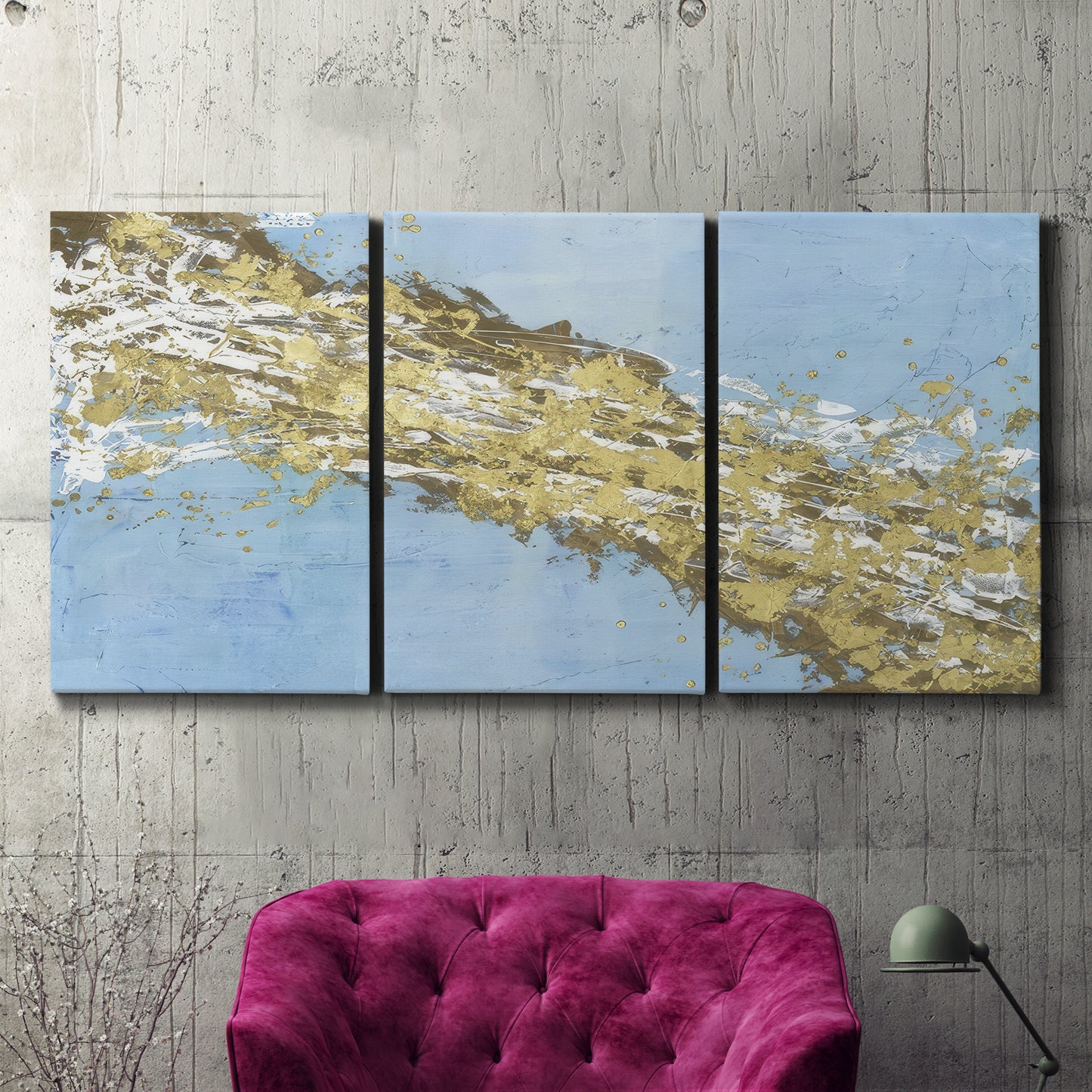 Three-panel canvas wall art featuring , displayed in a living room above a suede accent chair.