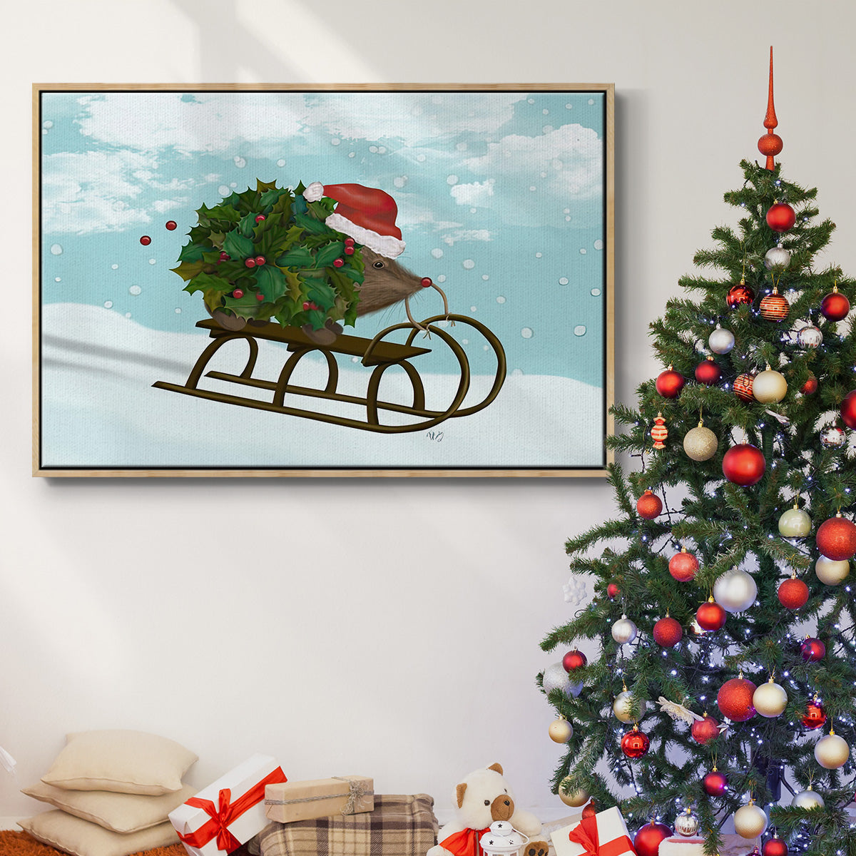 Christmas Holly Hedgehog Sledding - Framed Gallery Wrapped Canvas in Floating Frame