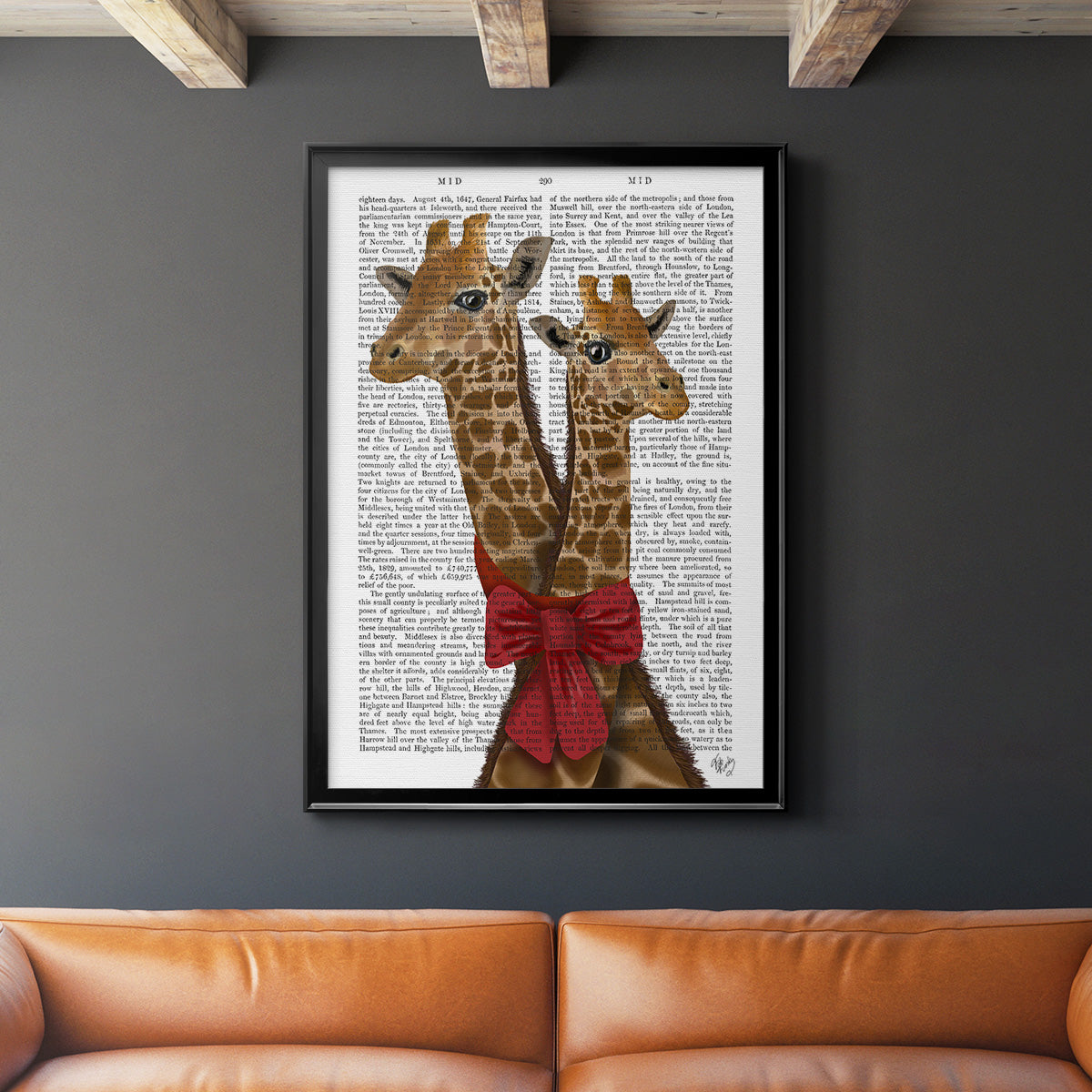 Giraffes and Bow - Modern Framed Canvas Print