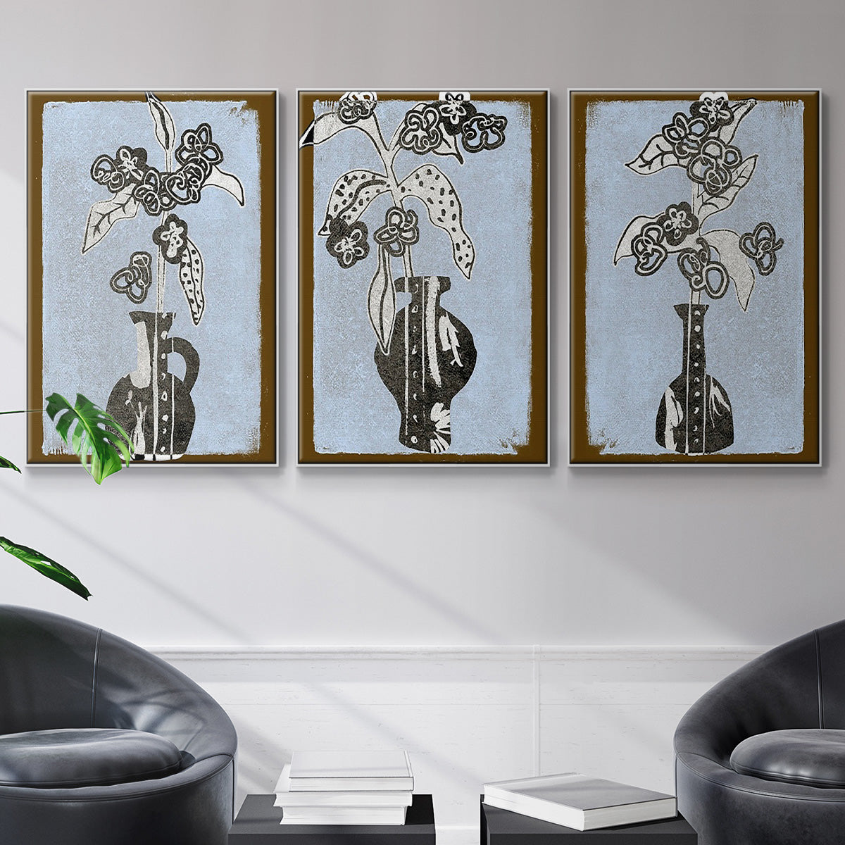 Graphic Flowers in Vase I - Framed Premium Gallery Wrapped Canvas L Frame 3 Piece Set - Ready to Hang