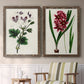 Set of two walnut barnwood framed canvas prints depicting two antique botanical plate illustrations featuring colorful flowering plant specimens above a sideboard in a cozy sitting room.