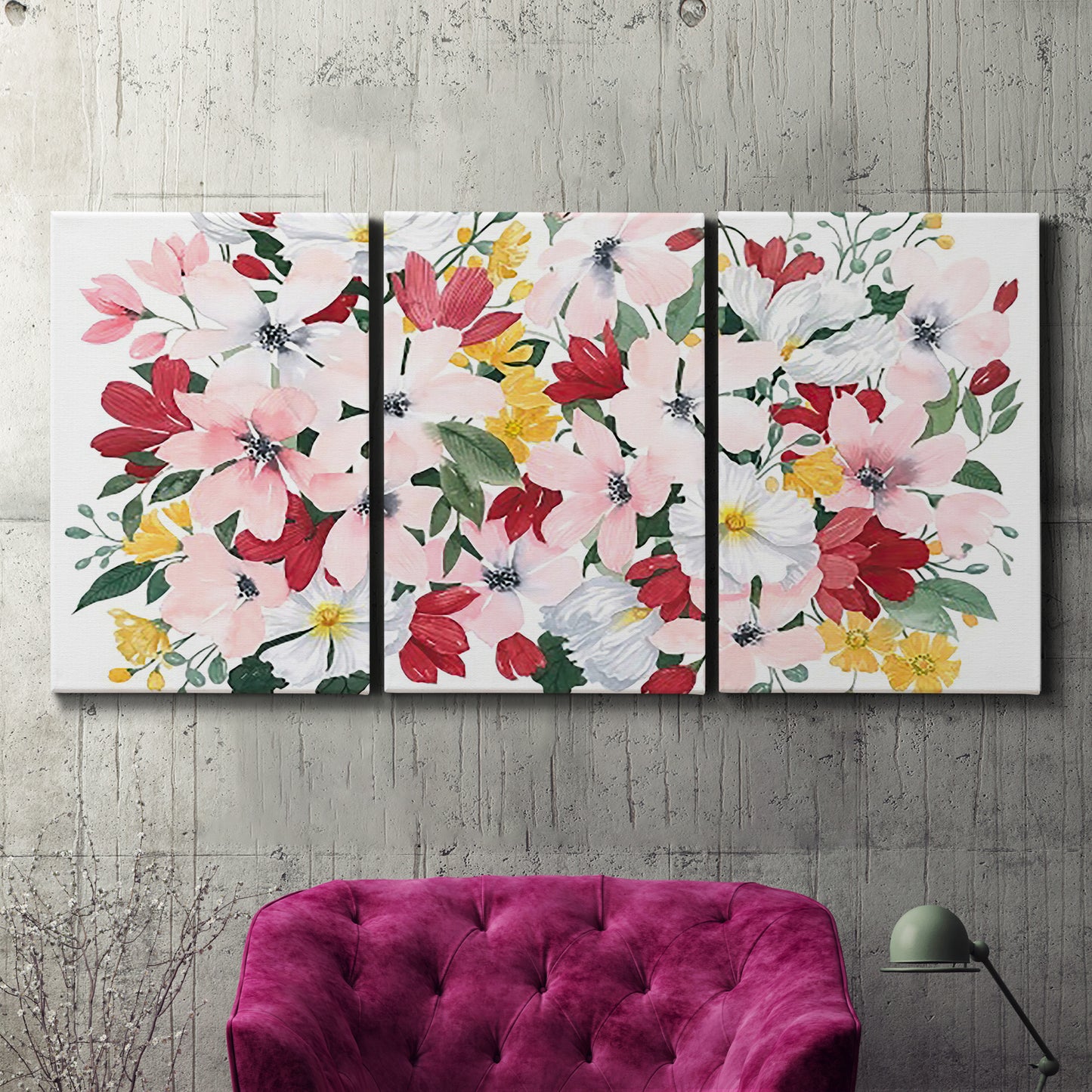 Three-panel canvas wall art featuring joyful spring floral composition, displayed in a living room above a suede accent chair.