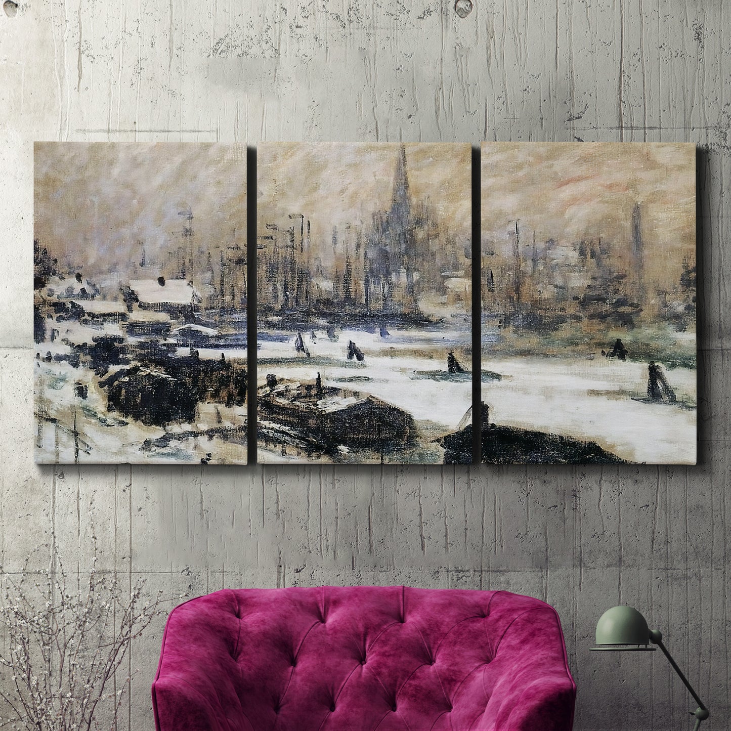 Three-panel canvas wall art featuring snowy village road in winter, displayed in a living room above a suede accent chair.