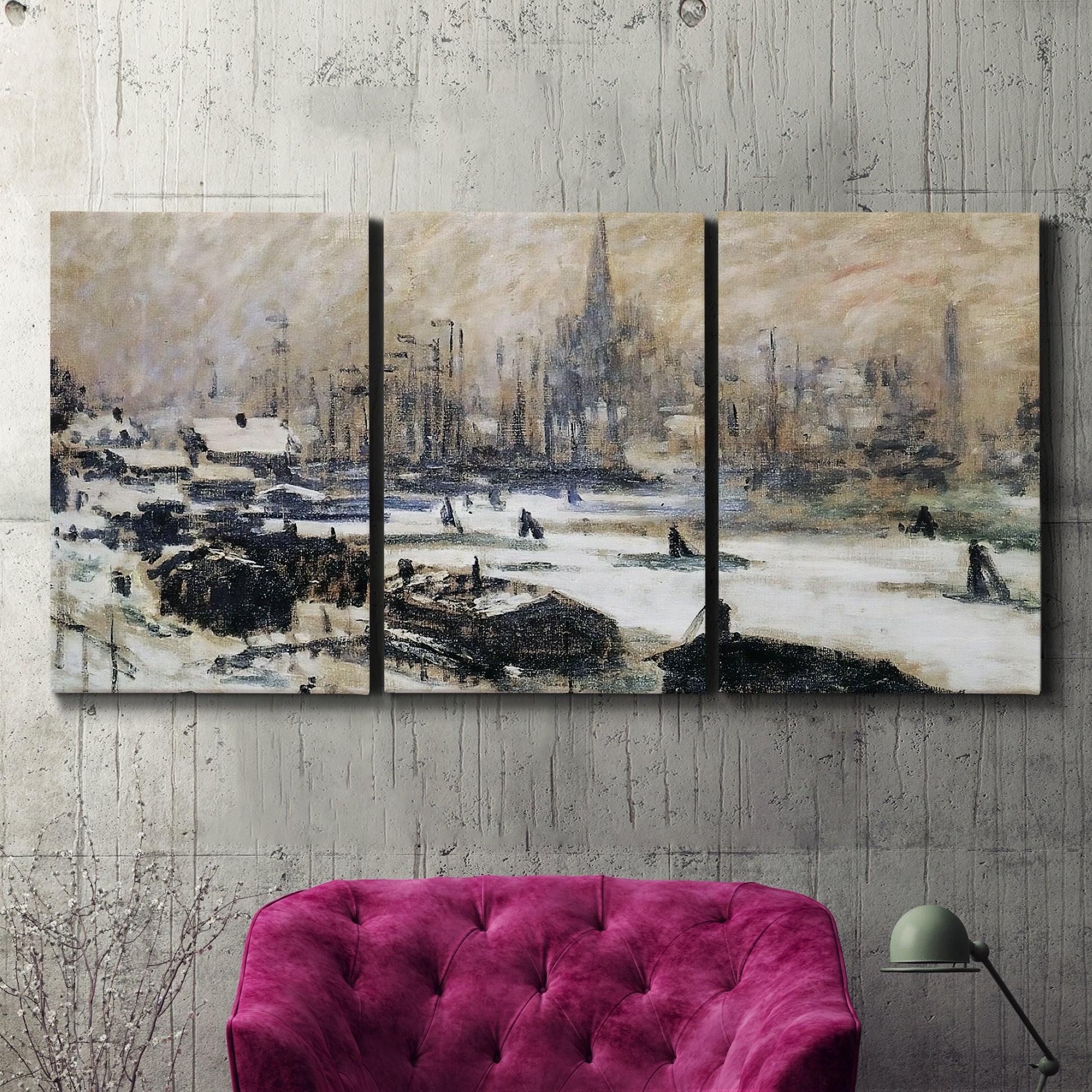 Three-panel canvas wall art featuring snowy village road in winter, displayed in a living room above a suede accent chair.