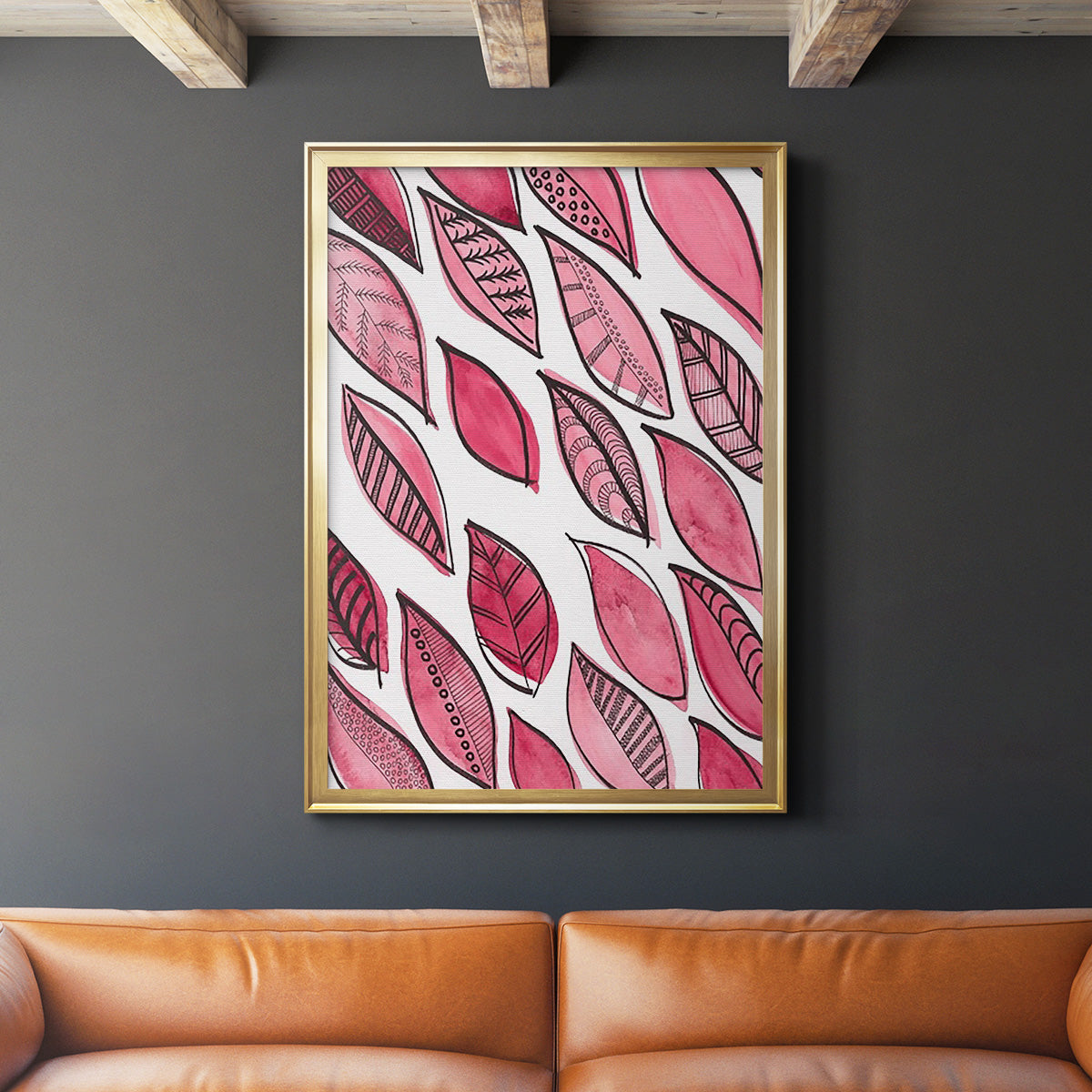 Patterned Leaf Shapes III - Modern Framed Canvas Print