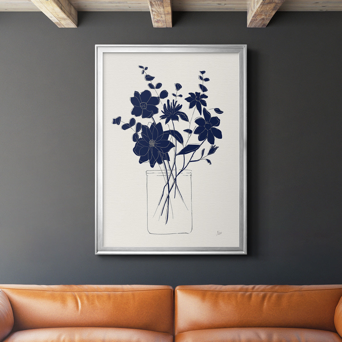 Indigo Sketch Bouquet II - Modern Framed Canvas Print