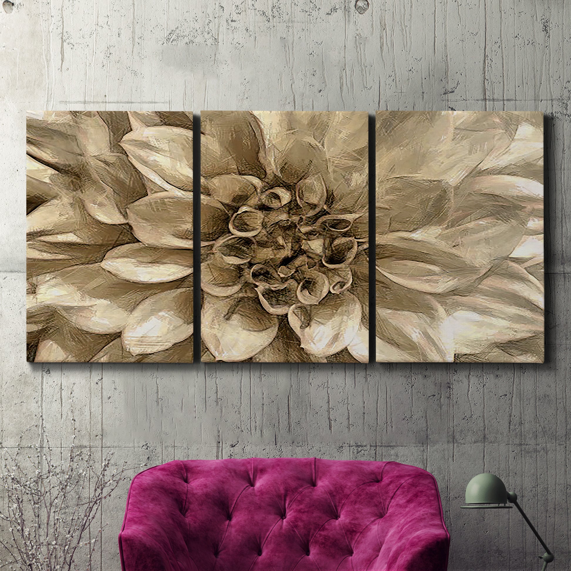 Three-panel canvas wall art featuring monochrome floral linework composition, displayed in a living room above a suede accent chair.