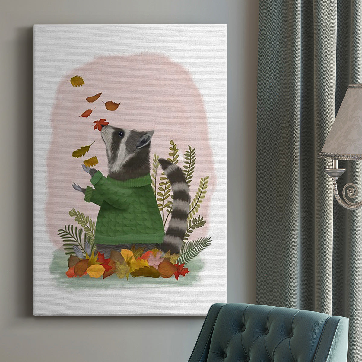 Raccoon Catching Leaves Premium Gallery Wrapped Canvas - Ready to Hang