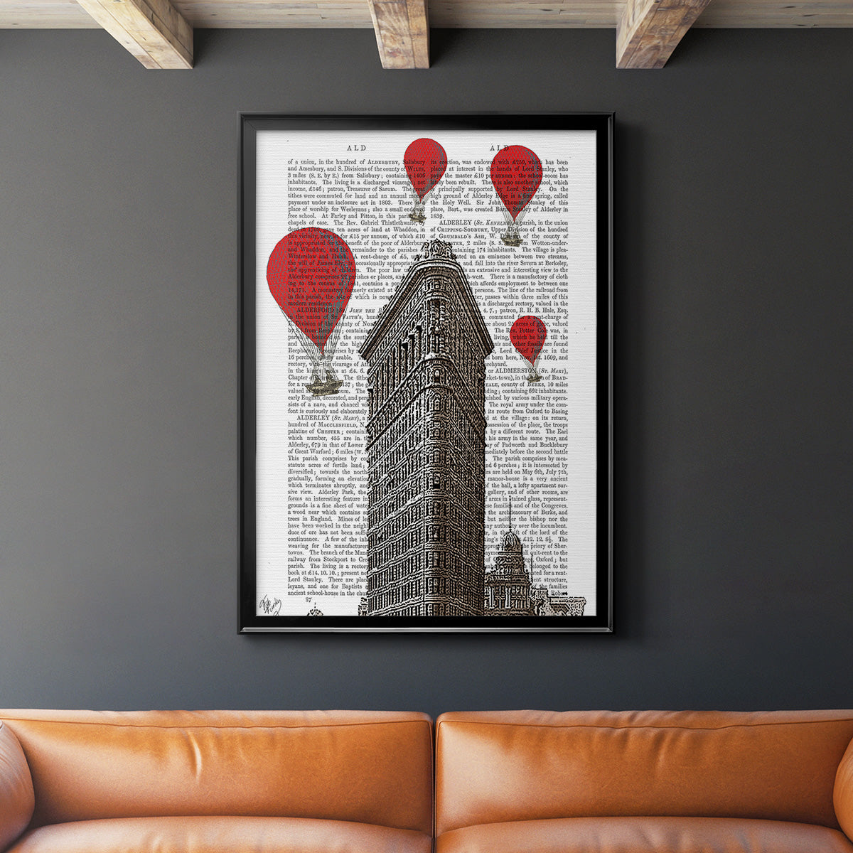 Flat Iron Building and Red Hot Air Balloons - Modern Framed Canvas Print