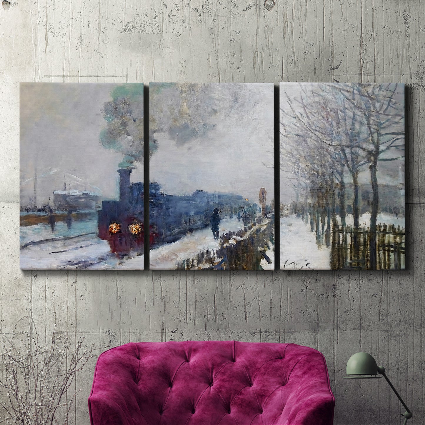 Three-panel canvas wall art featuring steam train in snowy landscape, displayed in a living room above a suede accent chair.