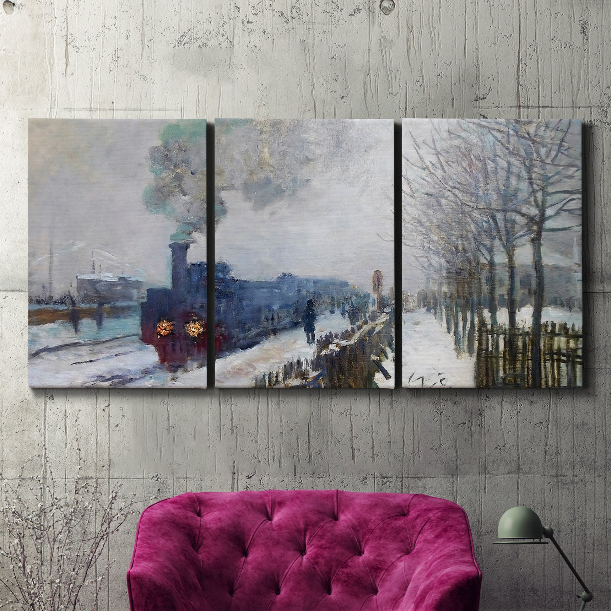 Three-panel canvas wall art featuring steam train in snowy landscape, displayed in a living room above a suede accent chair.