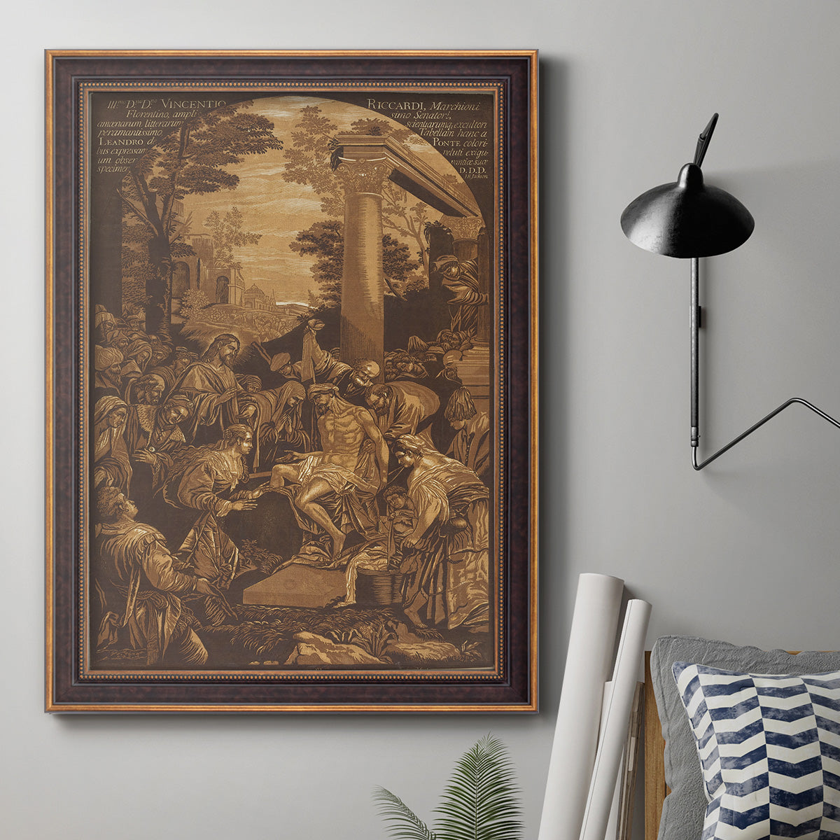 Monochrome religious painting of the raising of Lazarus by Leandro Bassano in an ornate bronzed mahogany wood frame displayed in a neutral interior setting.
