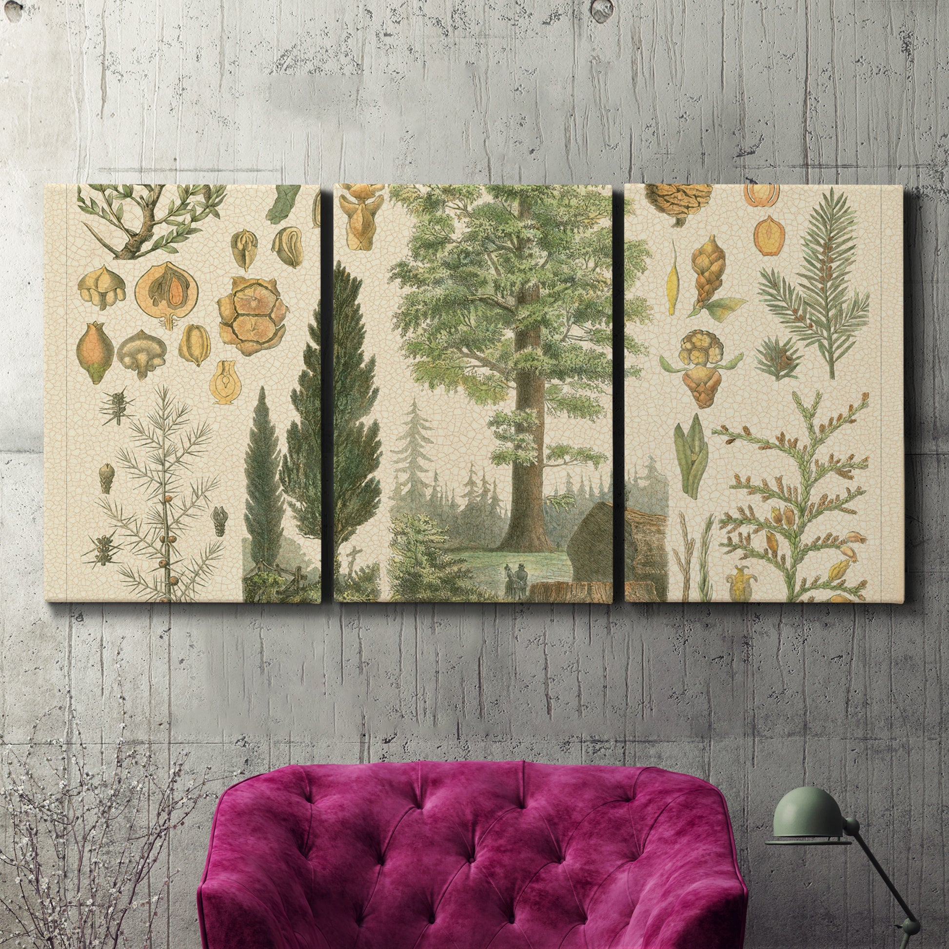 Three-panel canvas wall art featuring vintage floral botanical collage, displayed in a living room above a suede accent chair.