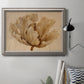 Minimalist sepia tulip botanical artwork in an ornate vintage silver frame displayed in a neutral interior setting.