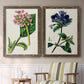 Set of two walnut barnwood framed canvas prints depicting two antique botanical plate illustrations featuring colorful flowering plant specimens above a sideboard in a cozy sitting room.