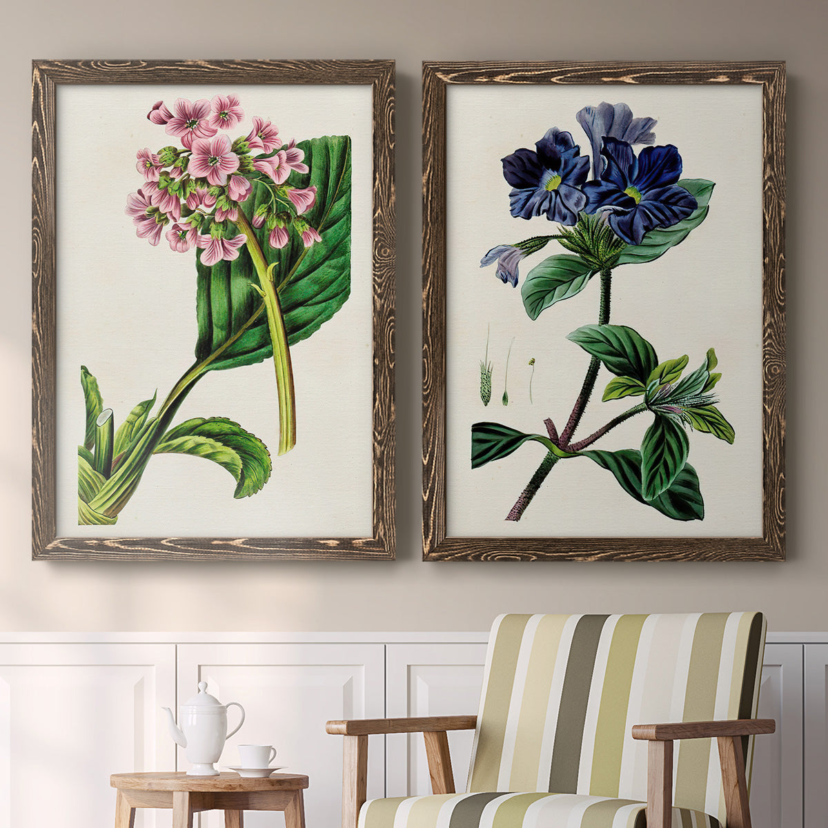 Set of two walnut barnwood framed canvas prints depicting two antique botanical plate illustrations featuring colorful flowering plant specimens above a sideboard in a cozy sitting room.