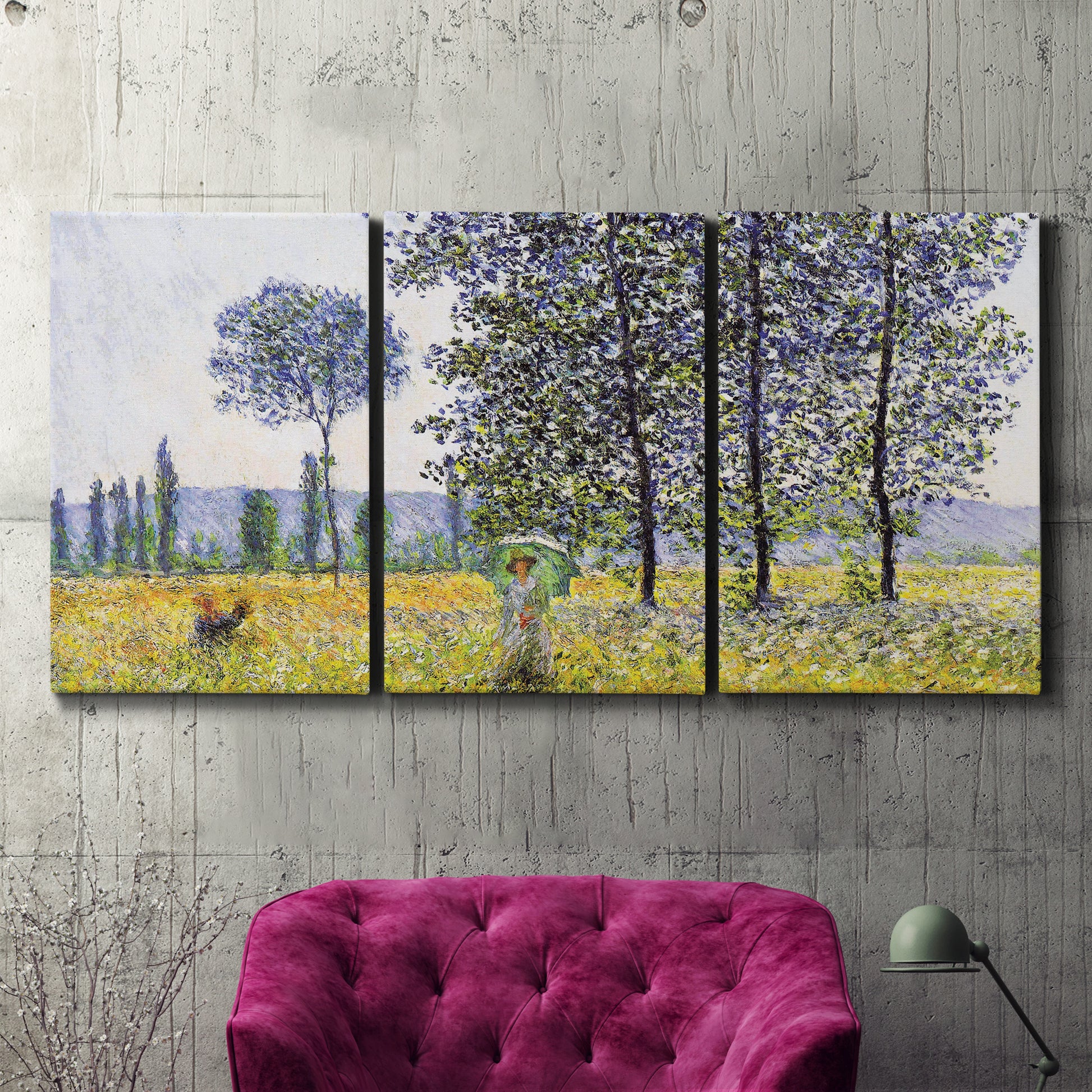 Three-panel canvas wall art featuring sunlight filtering through tall poplars, displayed in a living room above a suede accent chair.