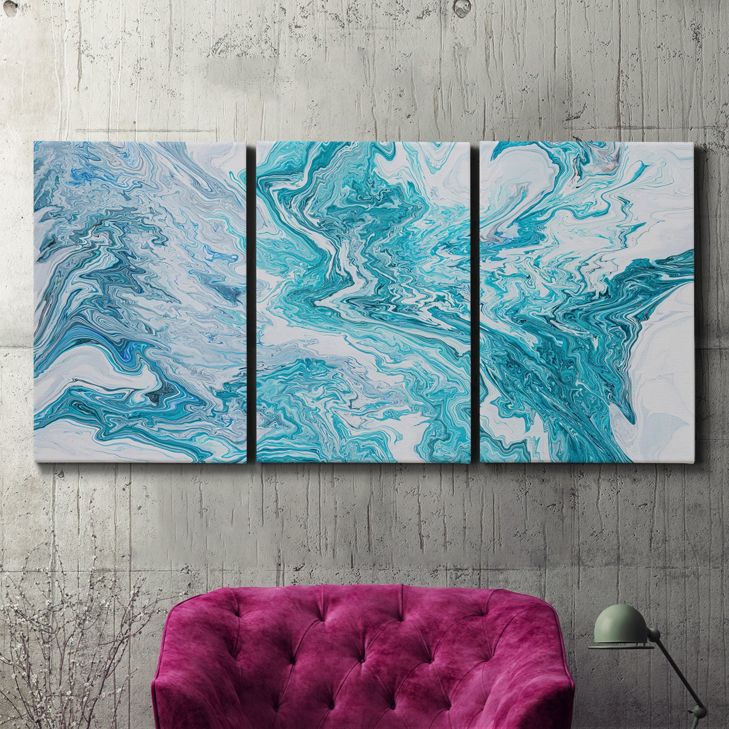 Three-panel canvas wall art featuring rocky coastal tide pool scene, displayed in a living room above a suede accent chair.