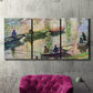 Three-panel canvas wall art featuring river scene with boats and reflections, displayed in a living room above a suede accent chair.