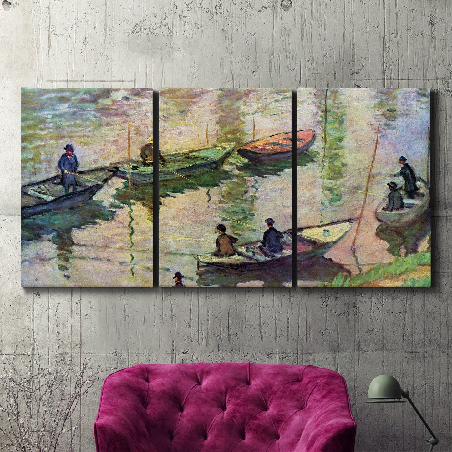 Three-panel canvas wall art featuring river scene with boats and reflections, displayed in a living room above a suede accent chair.